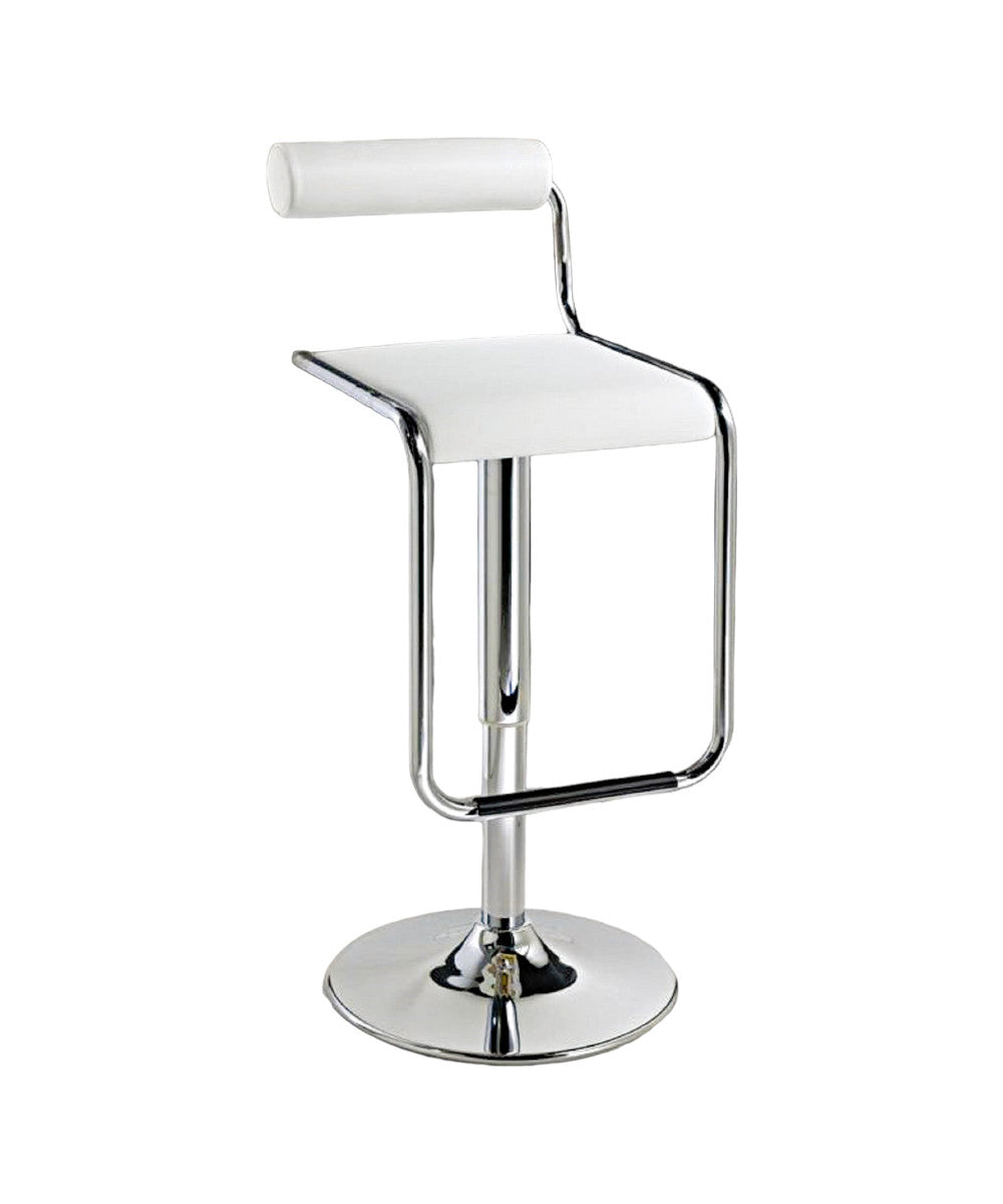 White And Silver Faux Leather And Metal Low Back Adjustable Height Bar Chair