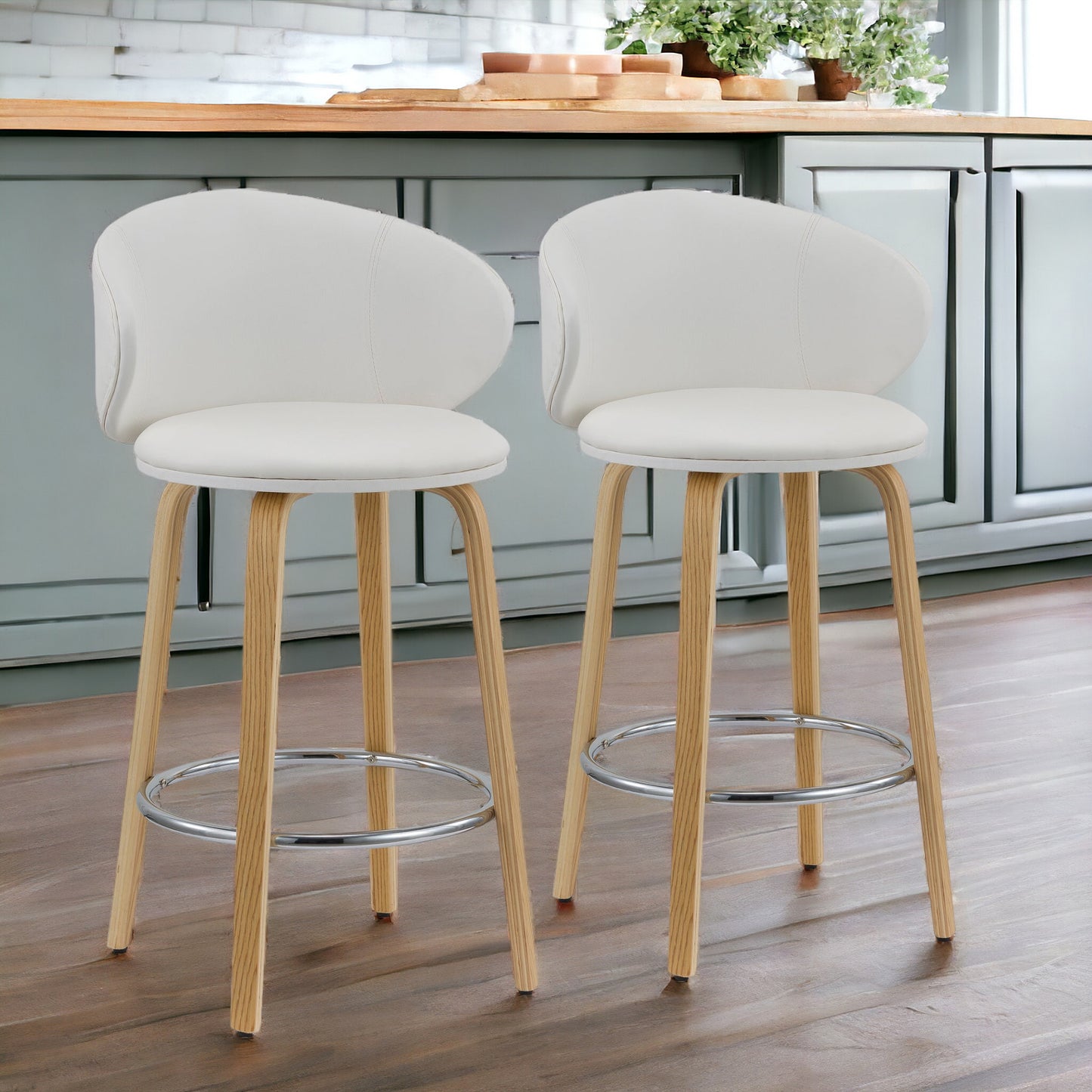 Set of Two 26" White And Brown Faux Leather And Metal Low Back Counter Height Bar Chairs