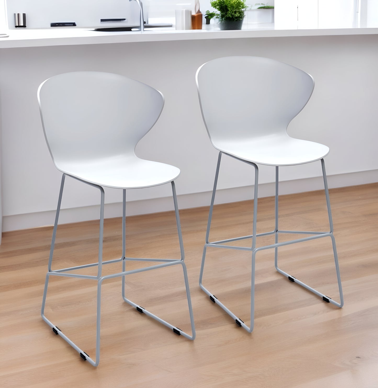 Set of Two 26" White And Silver Heavy Duty Plastic And Metal Low Back Counter Height Bar Chairs