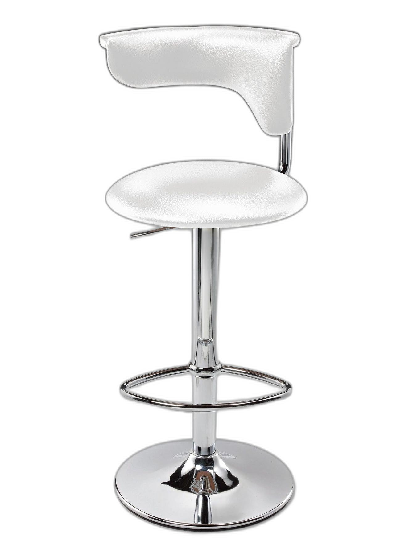 White And Silver Faux Leather And Metal Low Back Adjustable Height Bar Chair