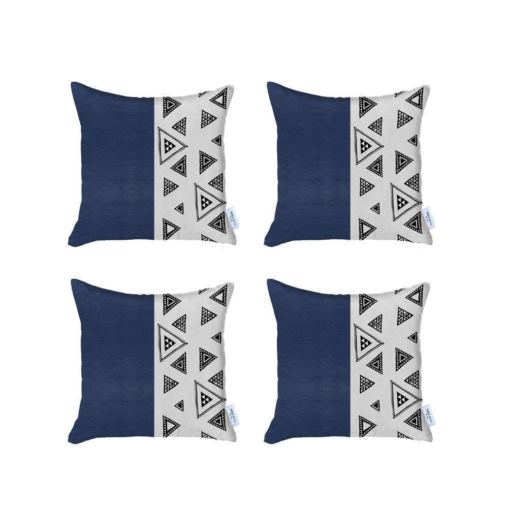 Set Of Four 17" X 17" Navy Blue Faux Leather Geometric Zippered Pillow Cover