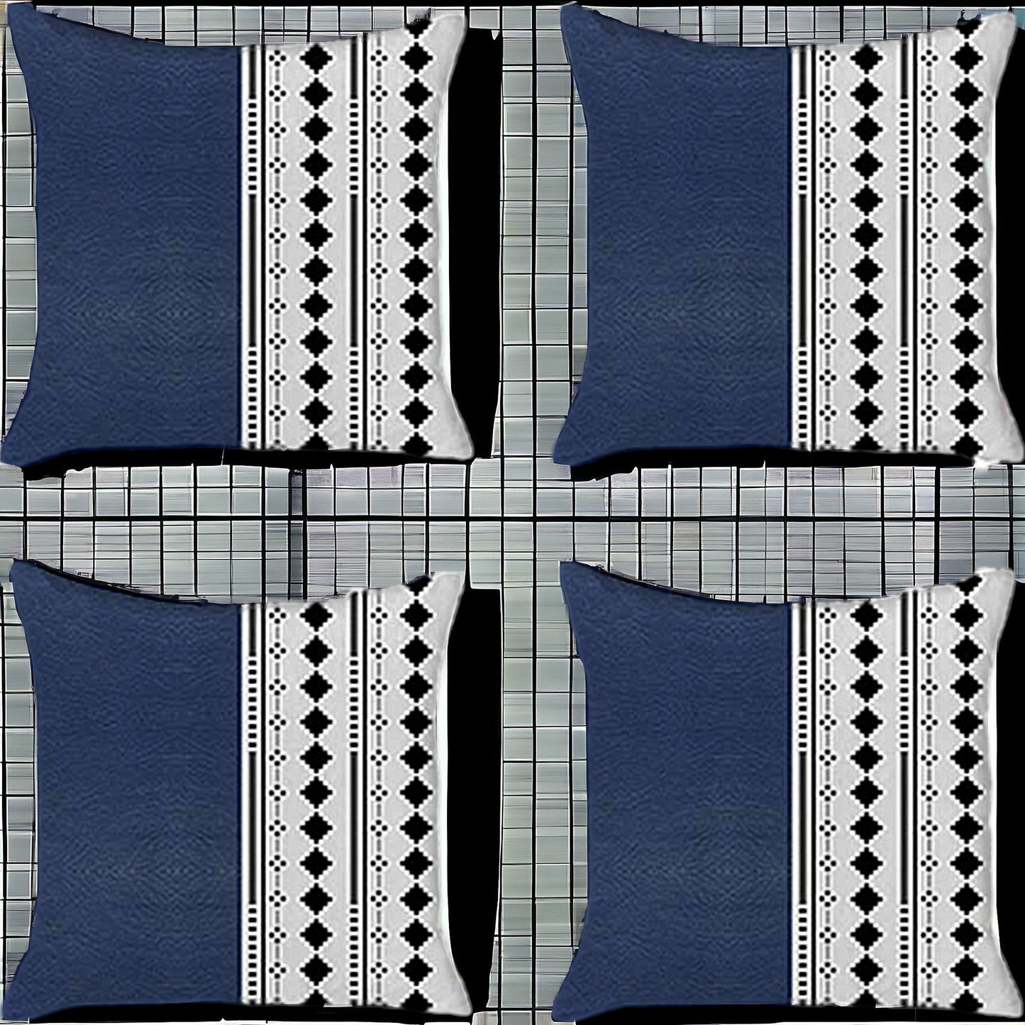 Set Of Four 17" X 17" Navy Blue Faux Leather Diamond Zippered Pillow