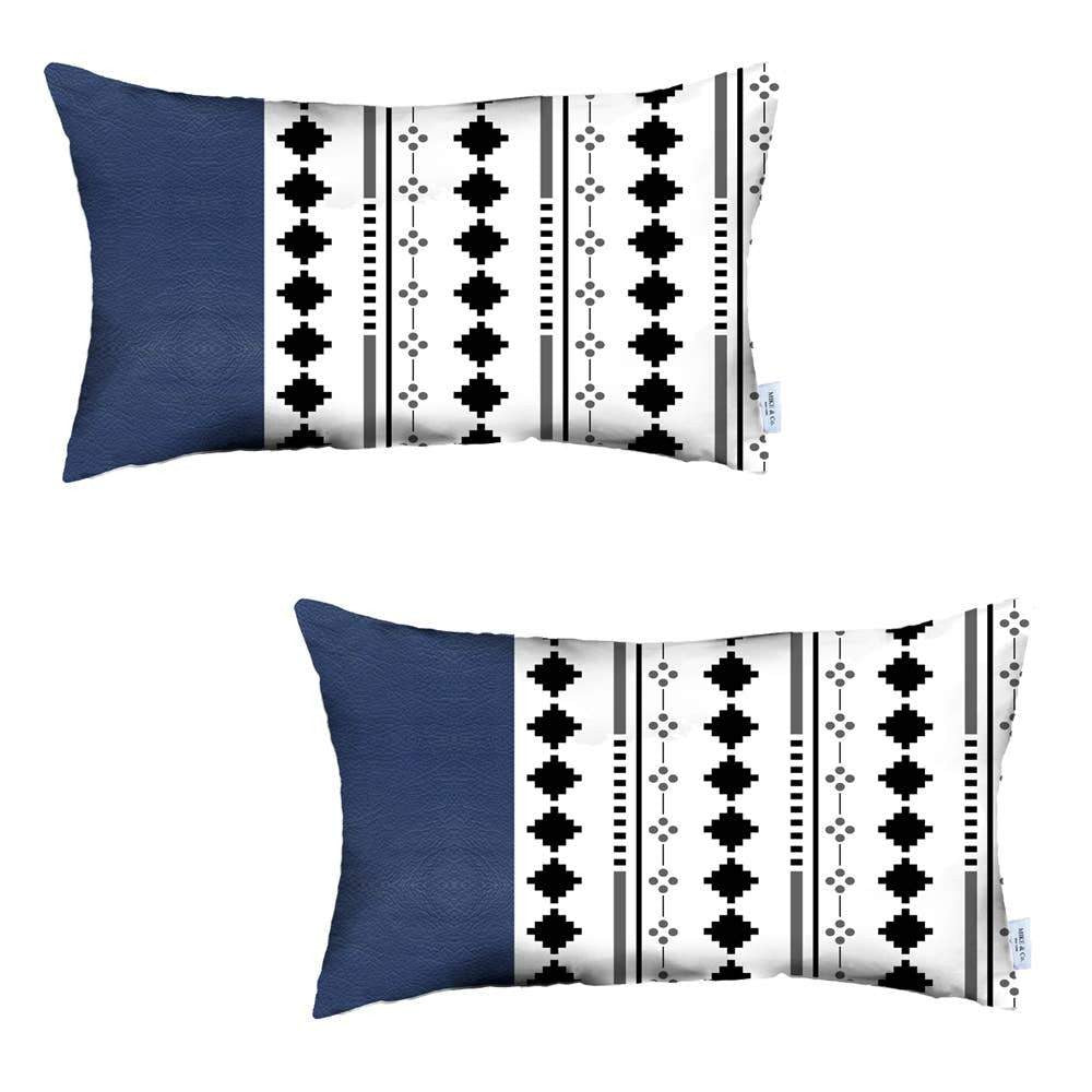 Set Of Two 20" X 12" Navy Blue Faux Leather Diamond Zippered Pillow