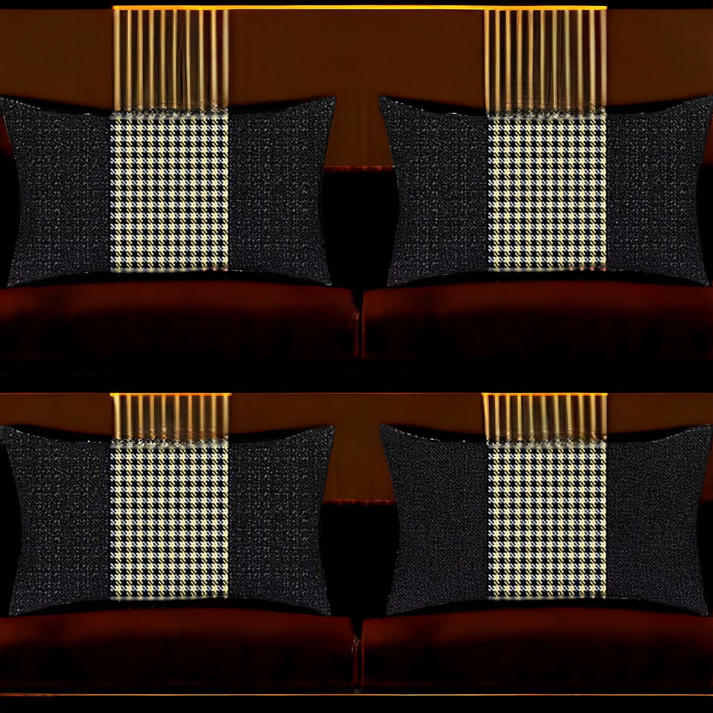 Set Of Four 20" X 12" Black And Yellow Polyester Houndstooth Zippered Pillow