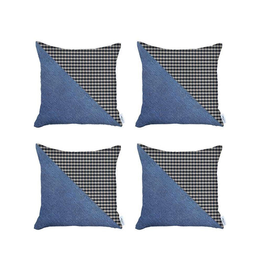Set Of Four 18" X 18" Black And Blue Polyester Houndstooth Zippered Pillow