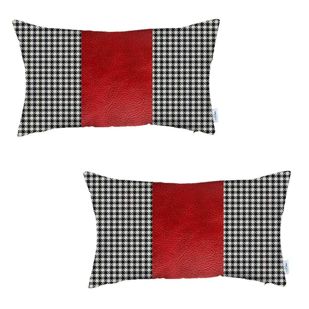 Set Of Two 20" X 12" Black And Red Polyester Houndstooth Zippered Pillow