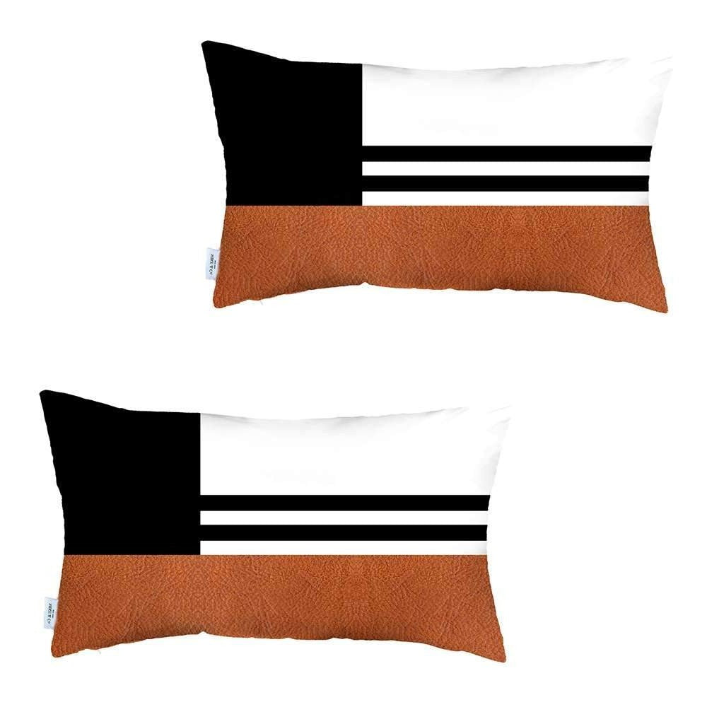 Set Of Two 20" X 12" Brown And Black Polyester Striped Zippered Pillow