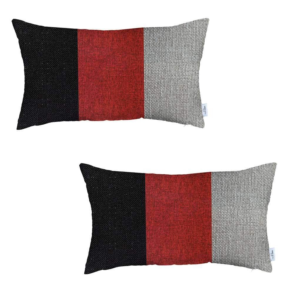 Set Of Two 20" X 12" Black Red And Grey Polyester Geometric Zippered Pillow