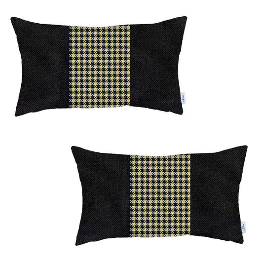 Set Of Two 20" X 12" Black And Yellow Polyester Houndstooth Zippered Pillow