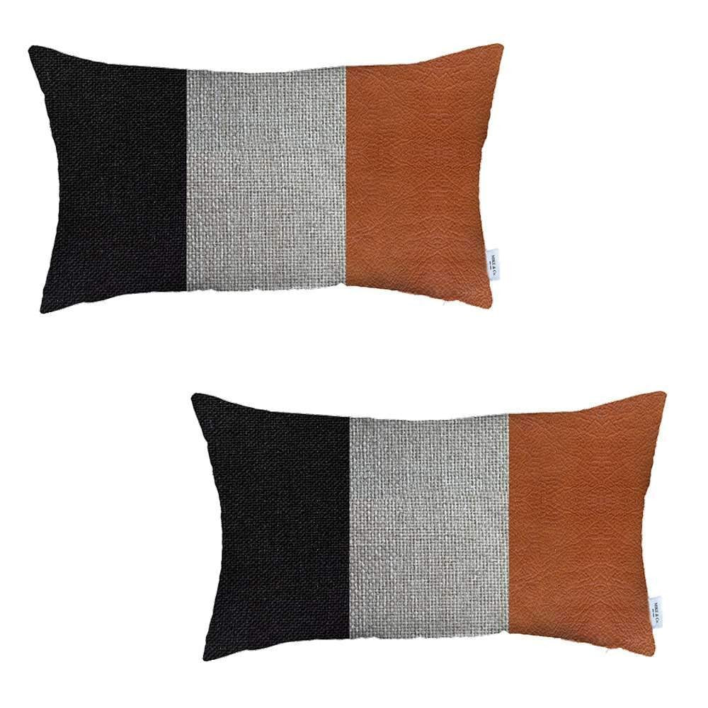 Set Of Two 20" X 12" Black Grey And Brown Polyester Geometric Zippered Pillow