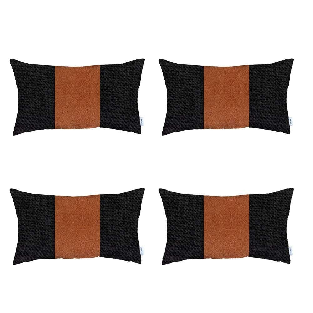Set Of Four 20" X 12" Black And Brown Polyester Geometric Zippered Pillow