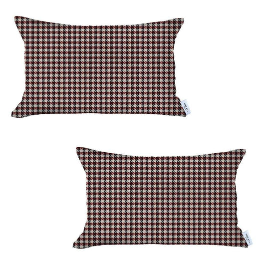 Set Of Two 20" X 12" Red Polyester Houndstooth Zippered Pillow