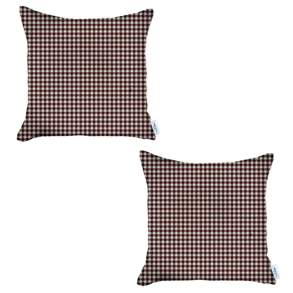 Set Of Two 18" X 18" Red Polyester Houndstooth Zippered Pillow