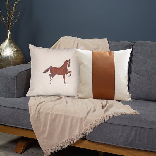 Set Of Two 18" X 18" Beige And Brown Horse Faux Leather Zippered Pillow With Embroidery