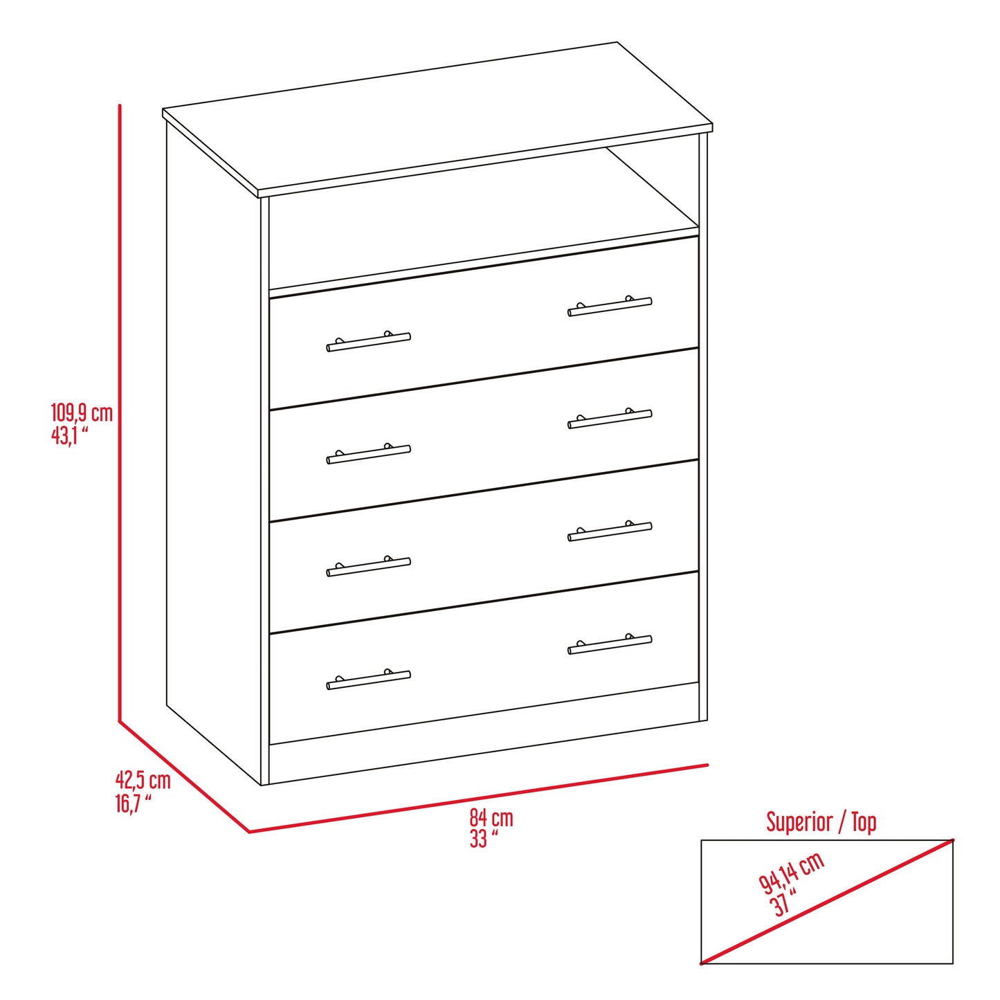 33" Black Four Drawer Dresser