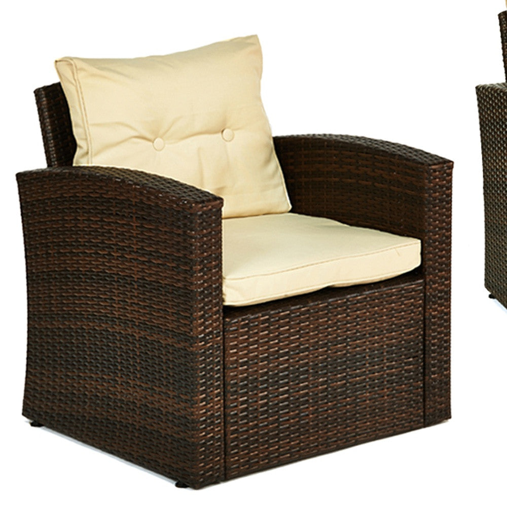 Four Piece Outdoor Brown Wicker Sofa Seating Group with Beige Cushions