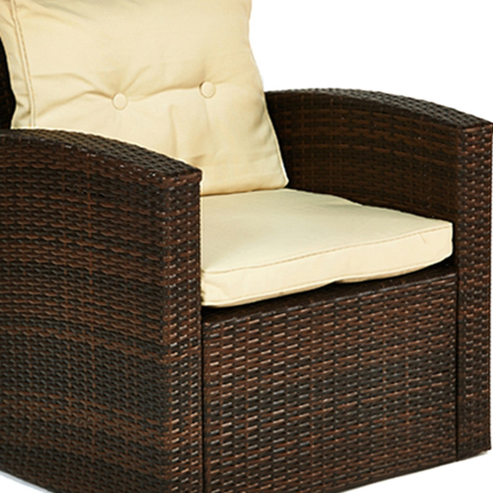 Four Piece Outdoor Brown Wicker Sofa Seating Group with Beige Cushions