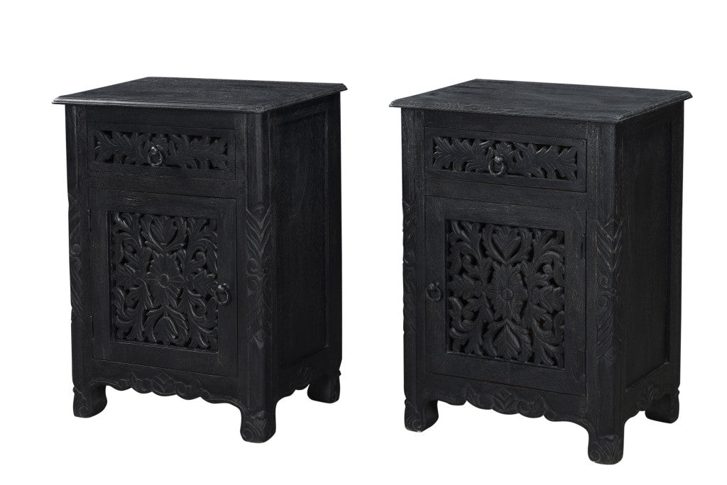 30" Distressed Black One Drawer Floral Carved Solid Wood Nightstand