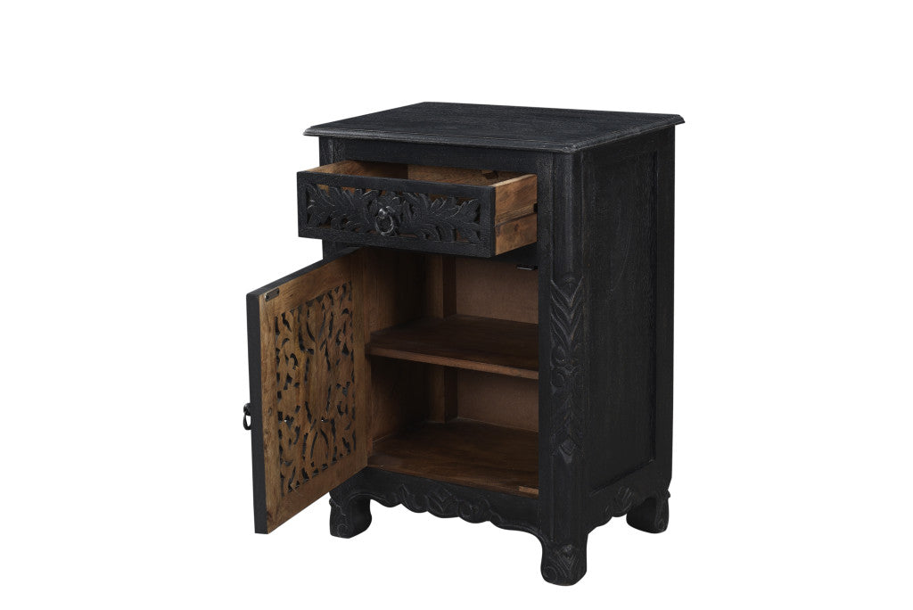 30" Distressed Black One Drawer Floral Carved Solid Wood Nightstand