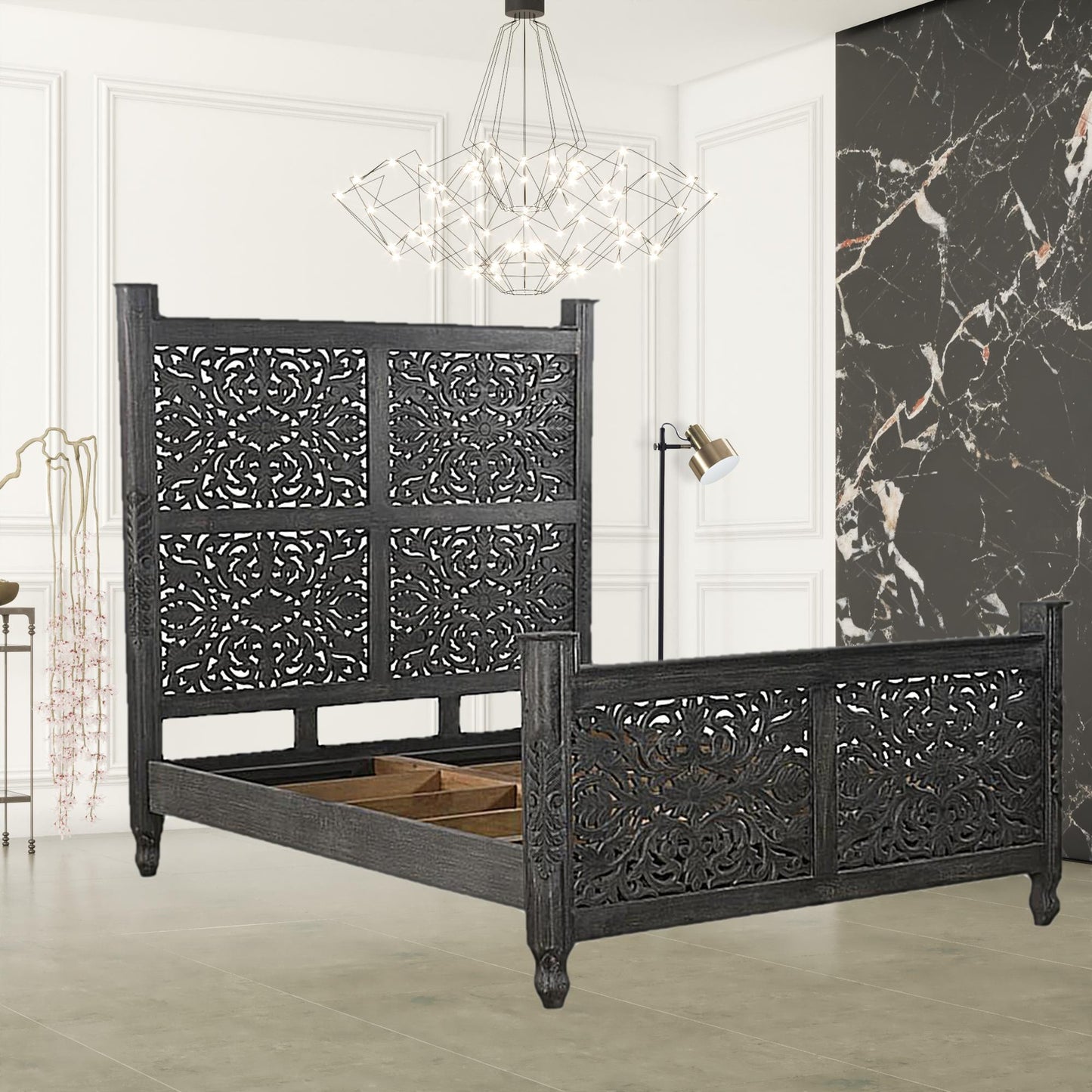 Carved Solid Wood Queen Distressed Black Bed