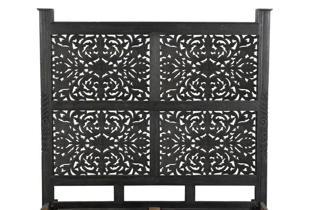 Carved Solid Wood Queen Distressed Black Bed