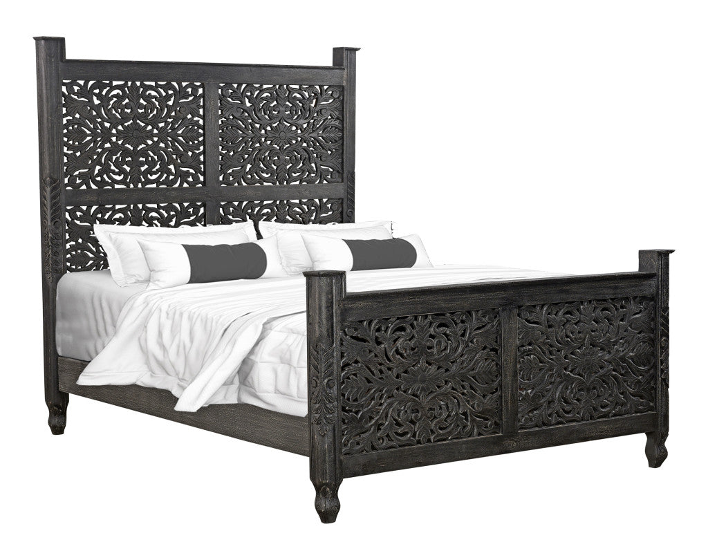 Carved Solid Wood Queen Distressed Black Bed