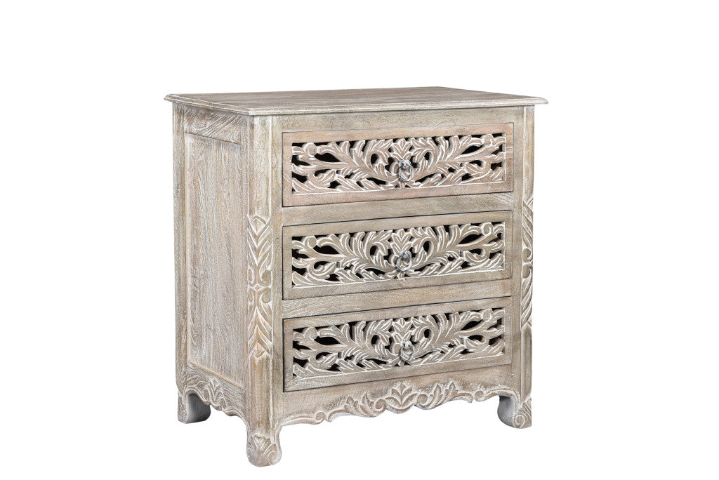 30" Distressed Gray Three Drawer Floral Carved Solid Wood Nightstand