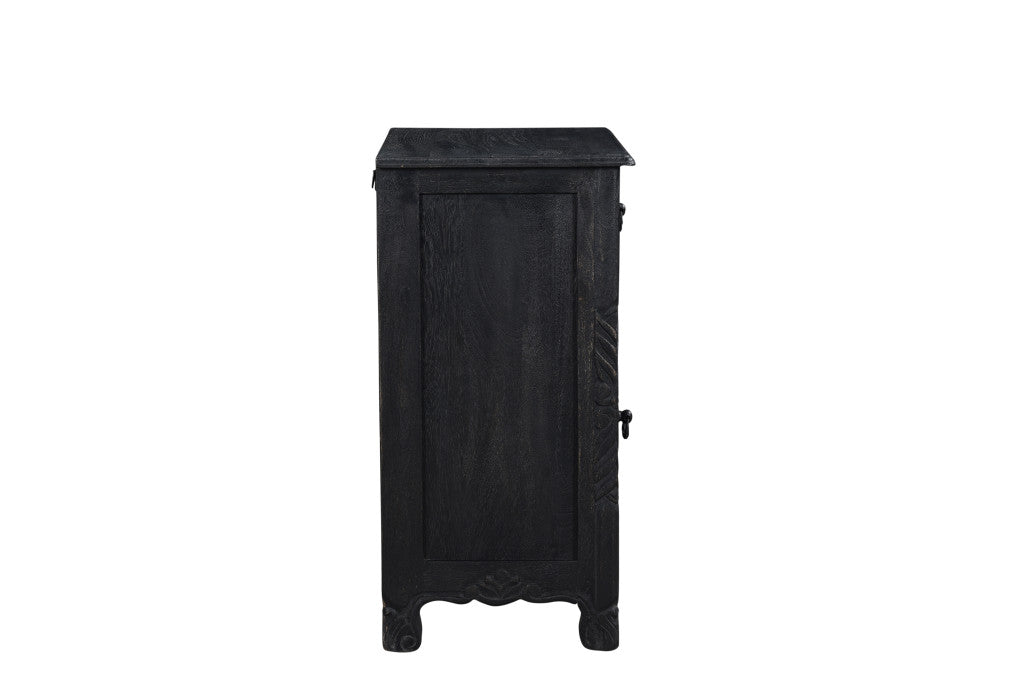 30" Distressed Black One Drawer Carved Floral Solid Wood Nightstand