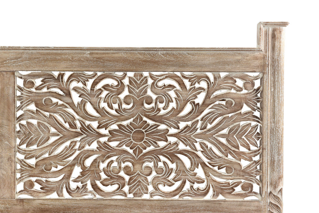 Carved Solid Wood King Gray Bed