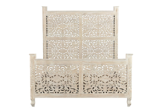 Distressed White Floral Carved Wood Queen Bed