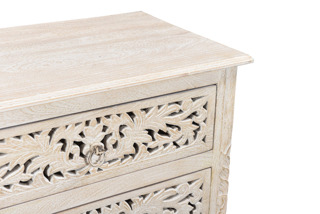 30" Distressed White Three Drawer Floral Carved Solid Wood Nightstand