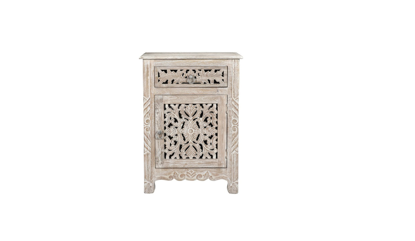 30" Distressed White One Drawer Carved Floral Solid Wood Nightstand