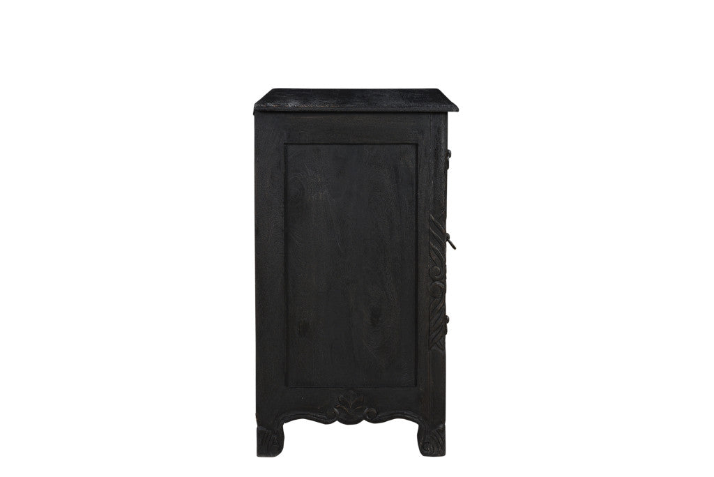 30" Distressed Black Three Drawer Floral Carved Solid Wood Nightstand