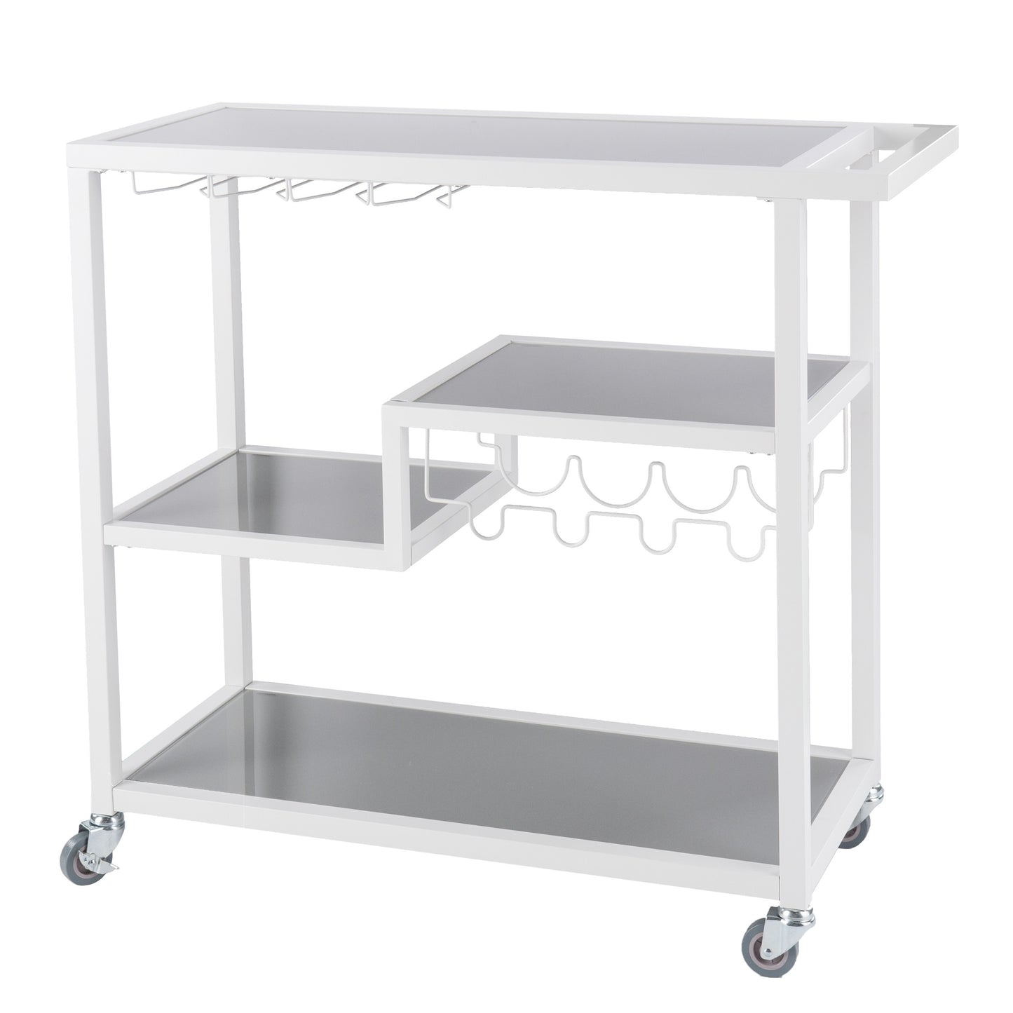 Gray and White Metal And Glass Rolling Bar Cart With Wine Storage