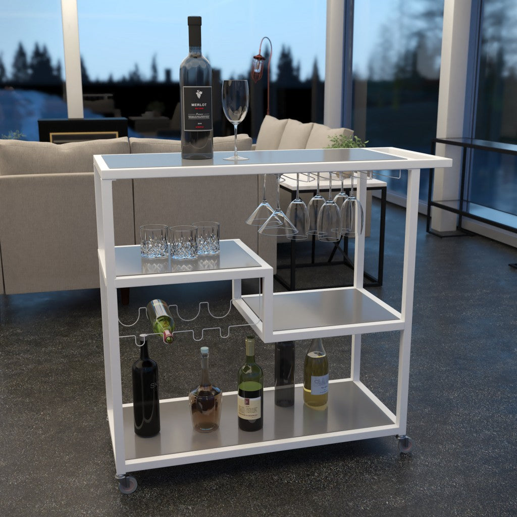 Gray and White Metal And Glass Rolling Bar Cart With Wine Storage