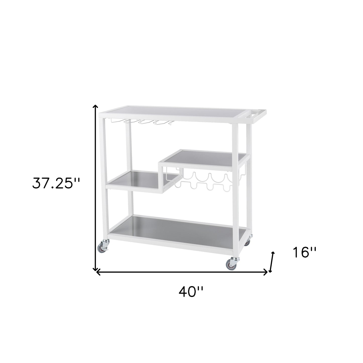 Gray and White Metal And Glass Rolling Bar Cart With Wine Storage