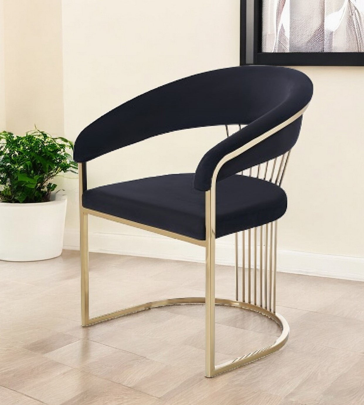 Black And Gold Upholstered Velvet Open Back Dining Arm Chair