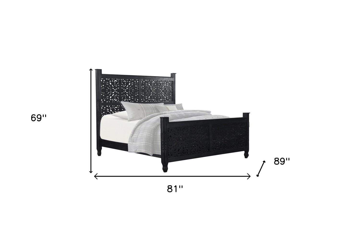 Carved Solid Wood King Black Bed