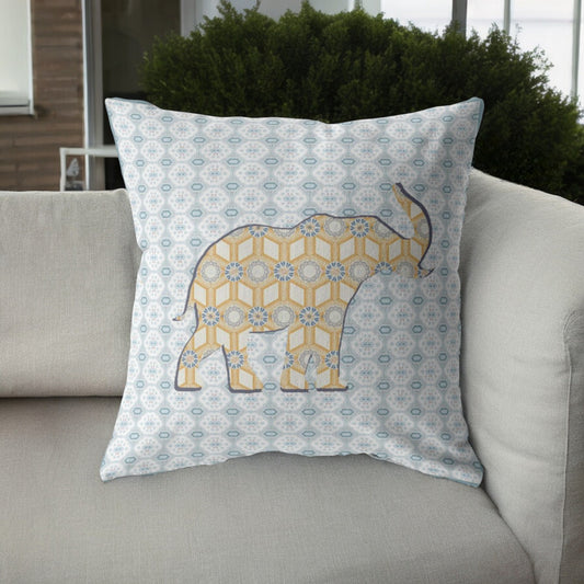 16" Blue Yellow Elephant Indoor Outdoor Throw Pillow