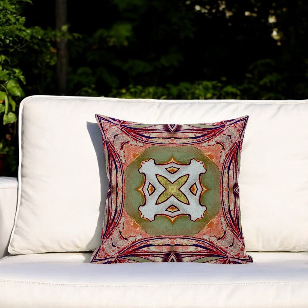 16" X 16" Peach And Green Zippered Geometric Indoor Outdoor Throw Pillow