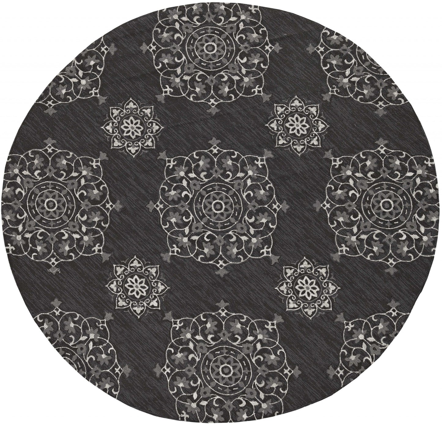 5'X8' Charcoal Grey Hand Woven Uv Treated Floral Disk Indoor Outdoor Area Rug