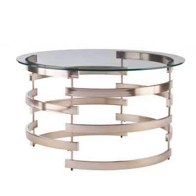 32" Champagne Glass And Metal Round Coffee Table